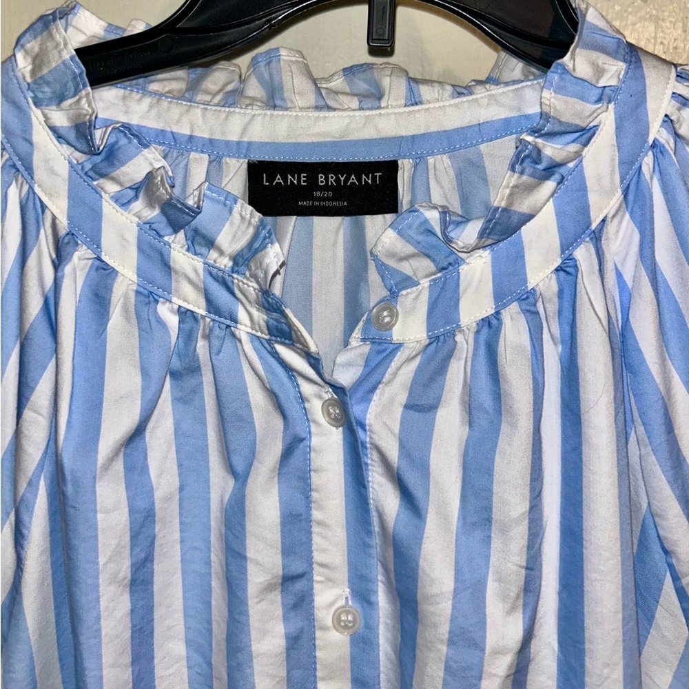 Lane Bryant Blouse Button Up Light Blue and White Striped Ruffled Size 18/20 EUC